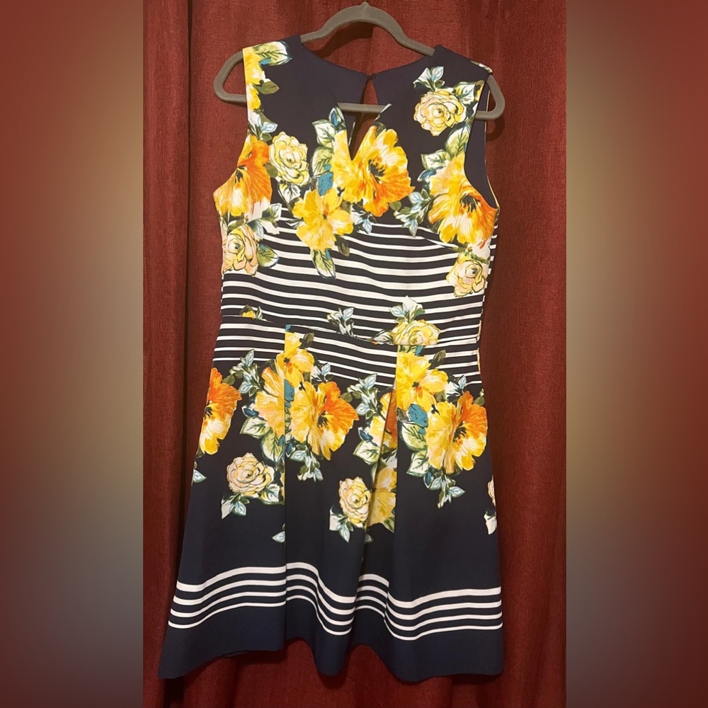 Eliza J Navy Floral Fit & Flare Dress Size 16 Striped Yellow Spring